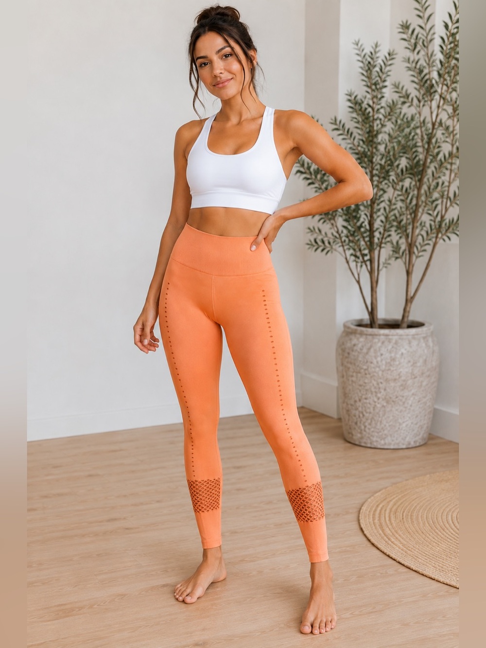 Varley Seamless High Rise Leggings XS Coral Orange Mesh Cutout Activewear